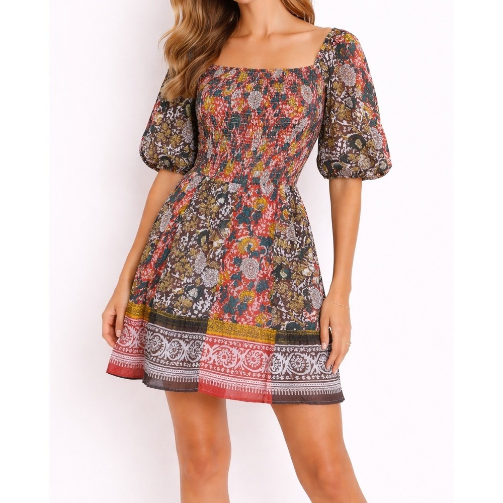 Velvet by Graham Spencer Floral Mini Dress Puff Sleeve Smocked Cottagecore S‎